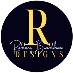 rodney bradshaw designs logo, a deep blue filled circle with a yellow R inside the center